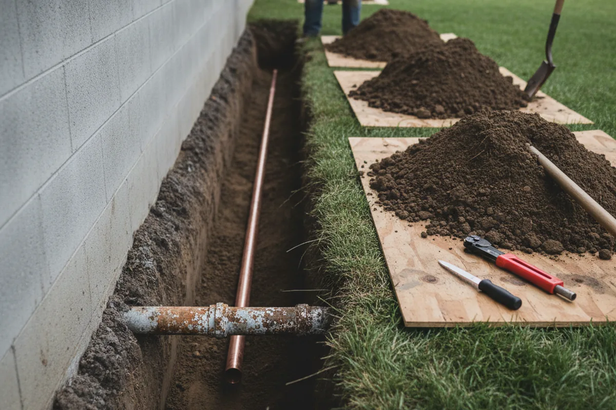 Excavated water line trench during Water Softener Installation in Monessen